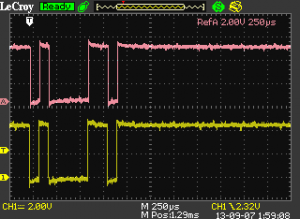 Reference (top) and waveform on RX pin after replacing the FT232RL chip with a good one.