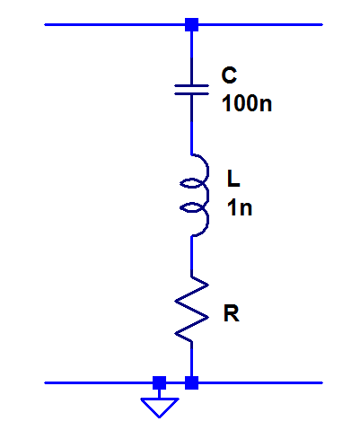 Equivalent circuit for a 100 nF decoupling capacitor.