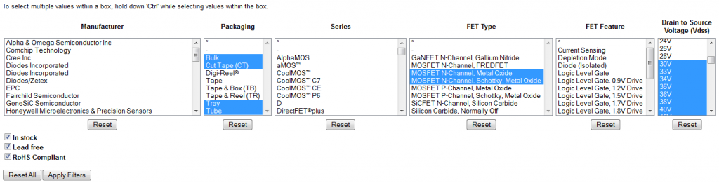 Filtering of Digikey parts.