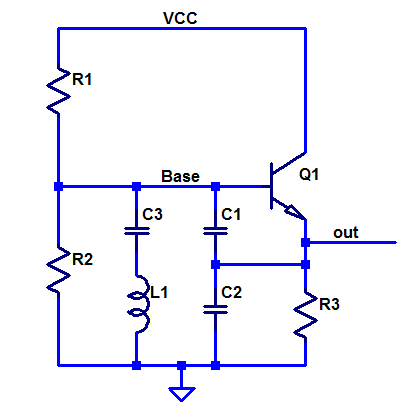 Basic schematics of a common collector Colpitts oscillator.