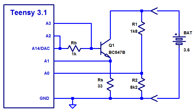 The schematic of the Teensy-based battery impedance tester.