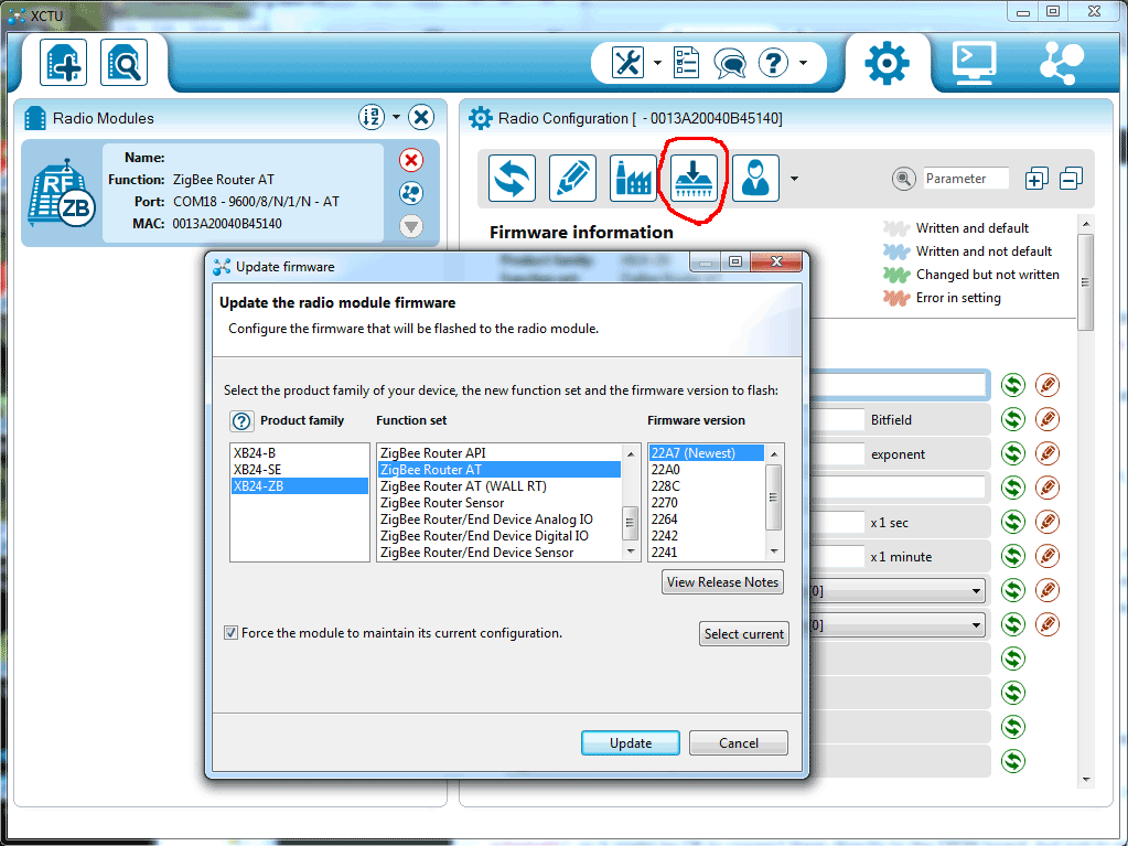 In XCTU, connect to the XBee radio, select it in the left pane, click the button circled in red, select the desired AT firmware (e.g. Router AT) and click update.