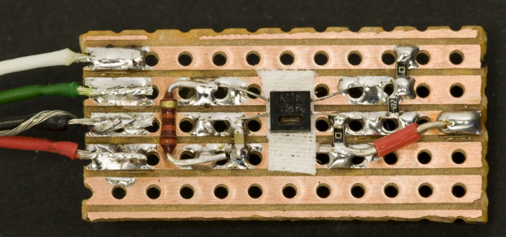 SHT21 sensor on a prototype board with auxiliary components.