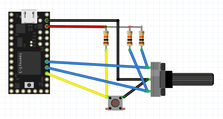 Encoder and button connected to pull-up resistors and a Teensy 3.1.