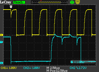 Crosstalk between I2C signals. 70 cm of cable. Signals on adjacent wires. 2.2 kohm pull-up. Yellow signal is SCL and blue is SDA.