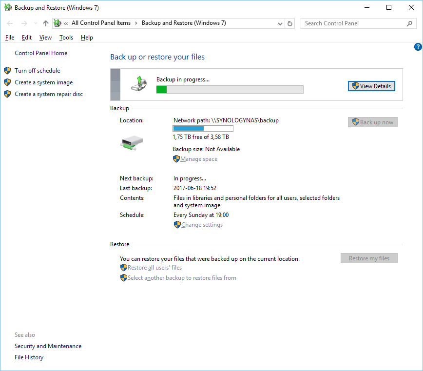 windows 10 user profile backup status